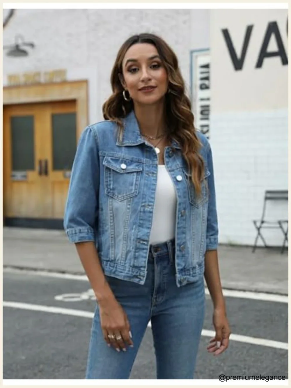 Cropped Denim Jacket 3/4 Sleeve Button Up Trucker Coat Lightweight
